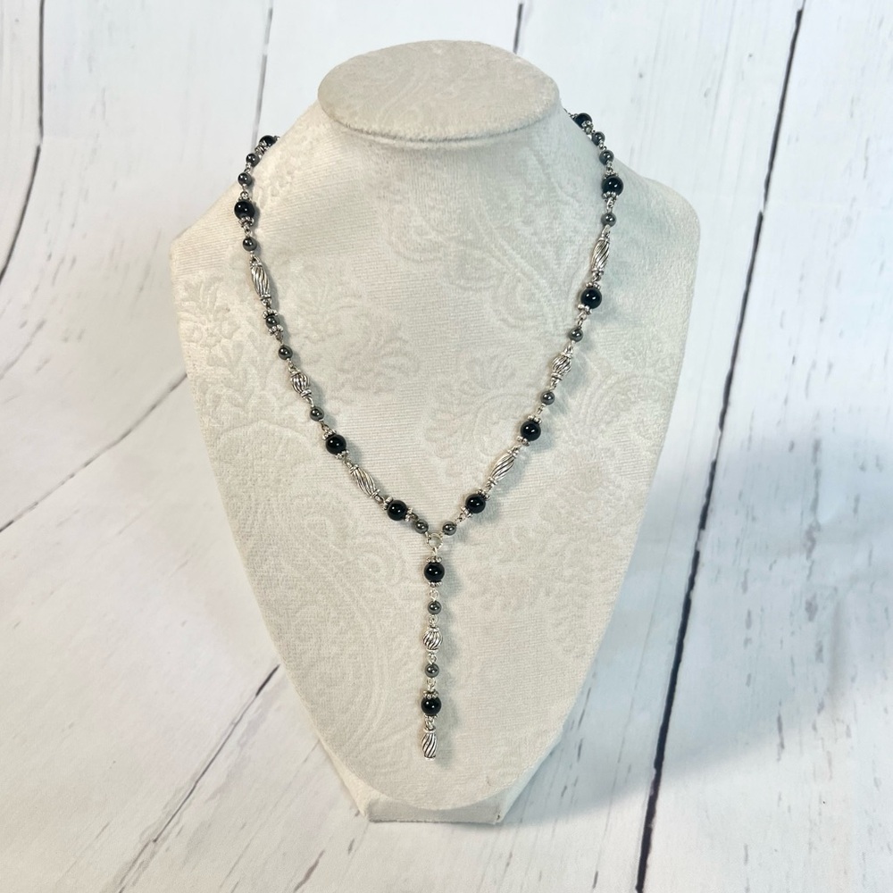 Vintage Napier Lariat Necklace Silver Tone Black Beaded Y-Necklace Deco Boho